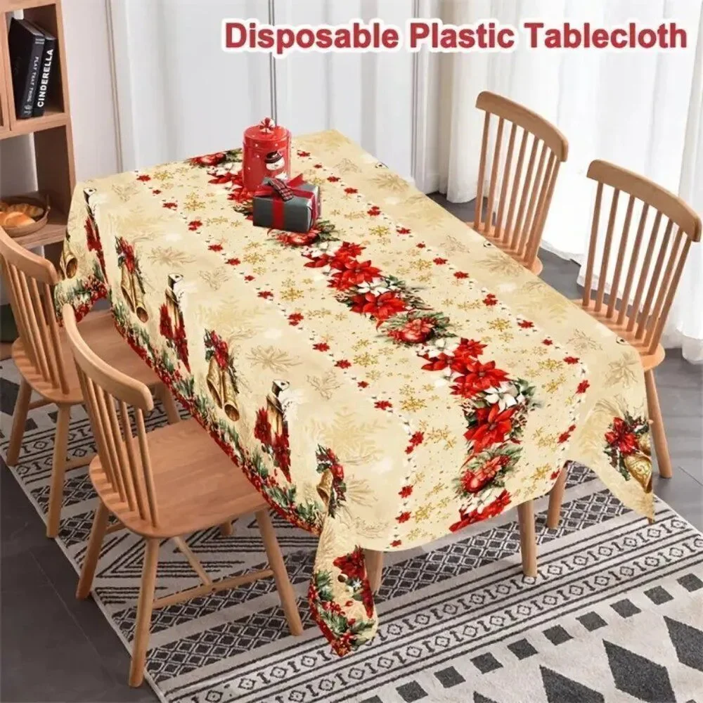 51x87in Elegant Disposable Red Poinsettia Floral Plastic Christmas Tablecloth